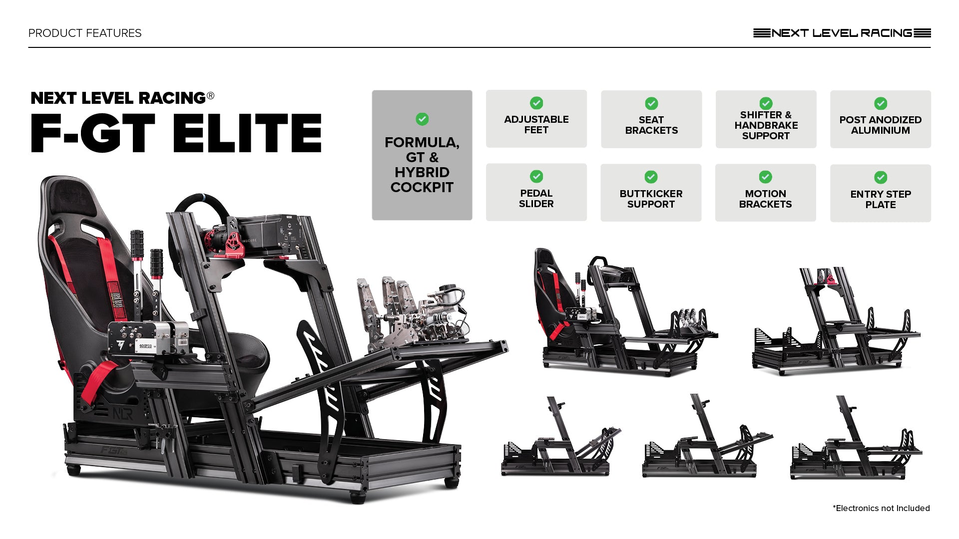 Next Level Racing F-GT Elite iRacing Edition cockpit offering multiple racing positions for sim racing enthusiasts, with premium aluminum profile design.