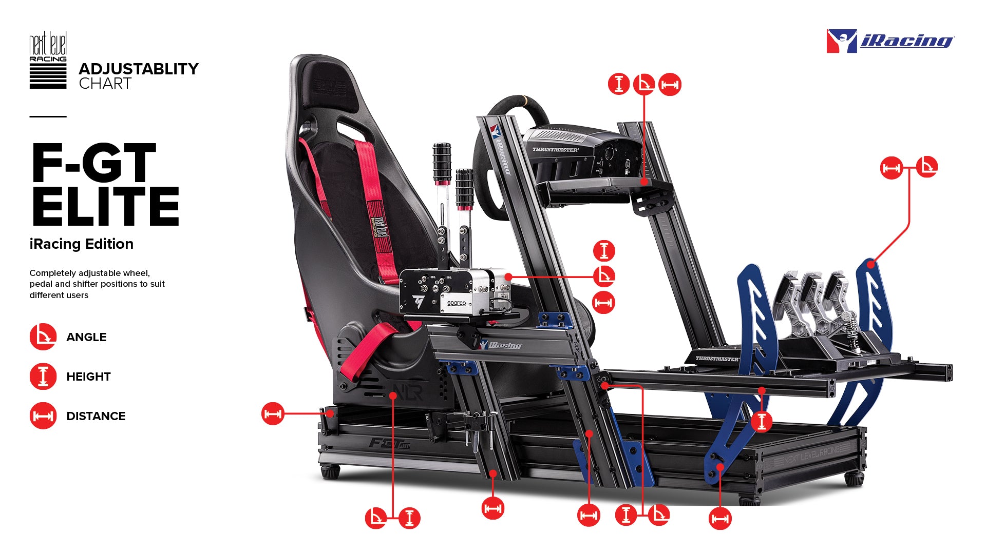 Next Level Racing F-GT Elite iRacing Edition cockpit offering multiple racing positions for sim racing enthusiasts, with premium aluminum profile design.