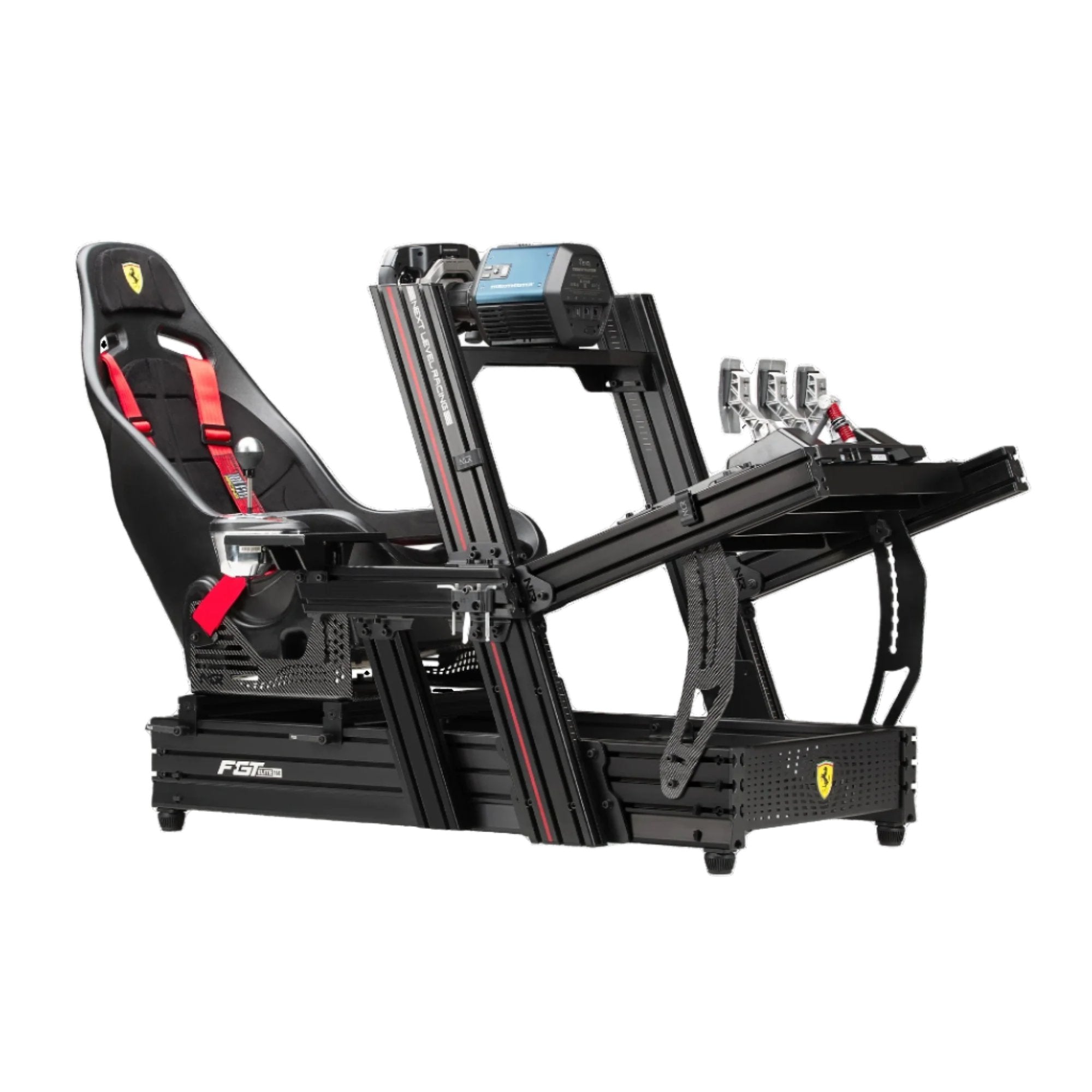 Next Level Racing F-GT Elite 160 Scuderia Ferrari Edition sim racing cockpit, featuring Ferrari branding, adjustable positions, and premium aluminum construction for an immersive racing simulator experience.