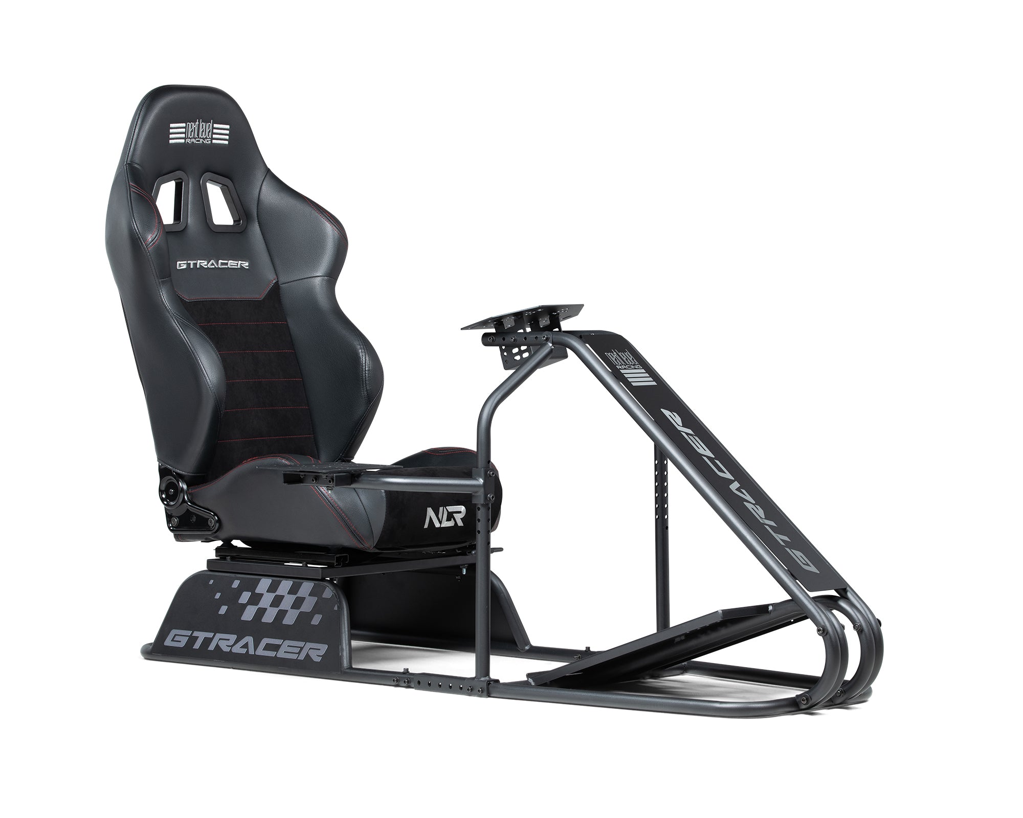 Next Level Racing GTRacer Cockpit offering a premium GT racing experience with a reclining seat, adjustable mounts, and full support for sim racing peripherals.