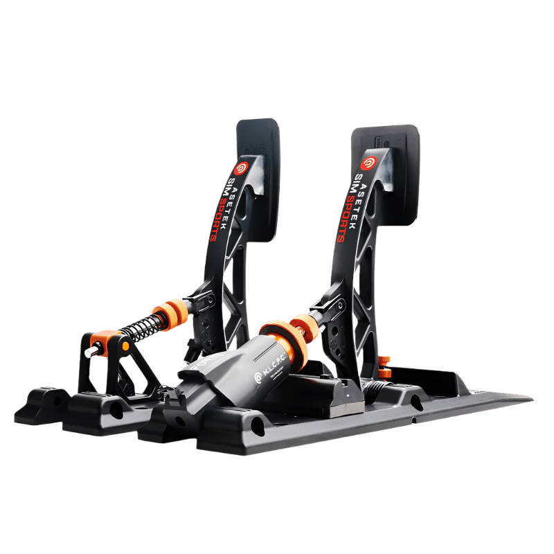 Asetek SimSports Forte S Series Brake & Throttle pedals with adjustable spacing, M.L.C.P.C. braking technology, and customizable settings for high-performance sim racing setups.