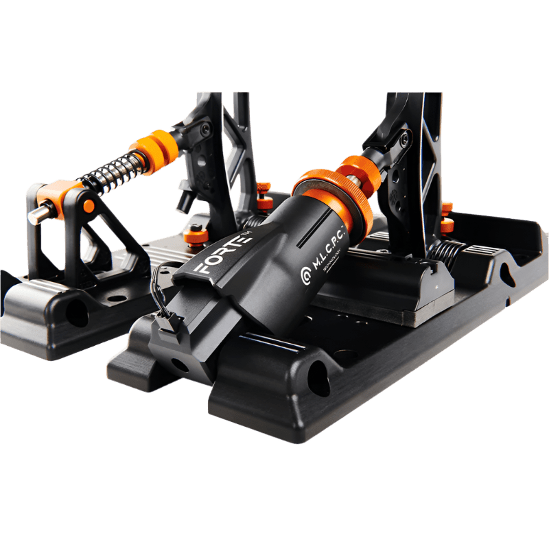 Asetek SimSports Forte S Series Brake & Throttle pedals with adjustable spacing, M.L.C.P.C. braking technology, and customizable settings for high-performance sim racing setups.