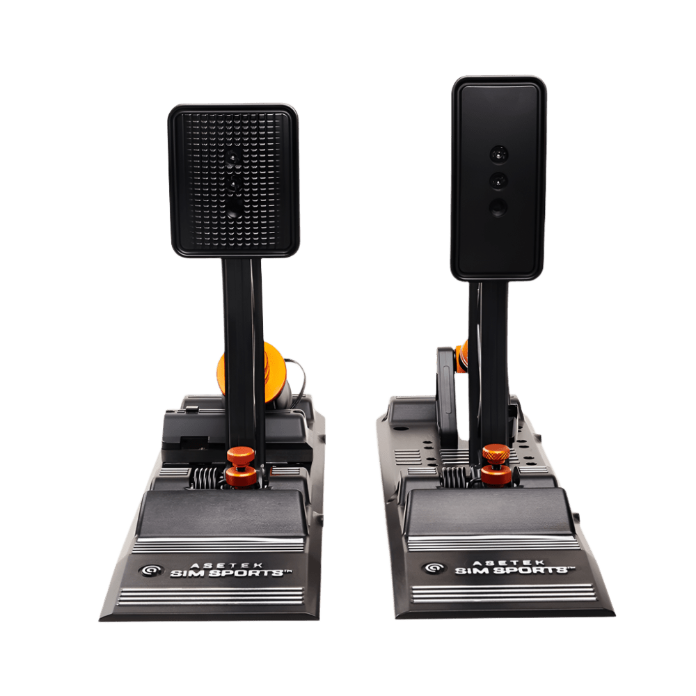 Asetek SimSports Forte S Series Brake & Throttle pedals with adjustable spacing, M.L.C.P.C. braking technology, and customizable settings for high-performance sim racing setups.